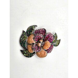 Coralee Limited Edition Floral Brooch Pink Green Rhinestones Enamel Petals  2.5"